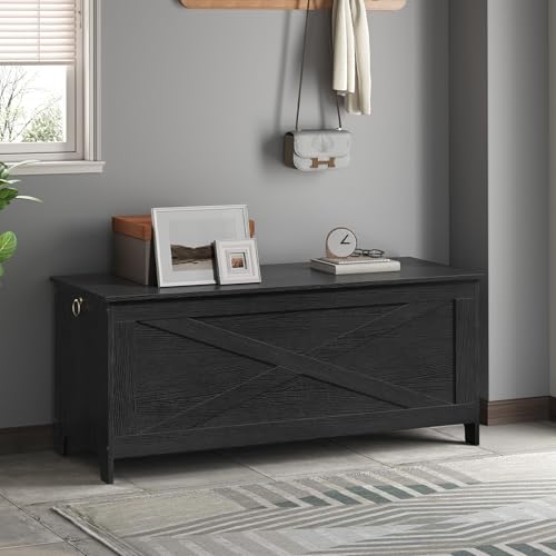 47.2" Toy Chest, Sturdy Entryway Storage Chest with Safety Hinge, Retro Toy Box, Wooden Look Accent Furniture for Living Room, Bedroom, Black SCBK48801