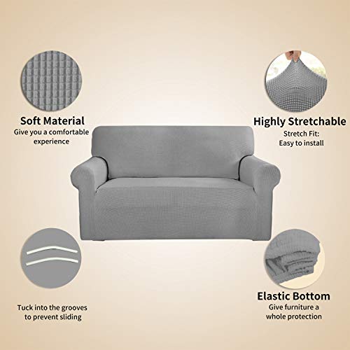 Image of Easy-Going Stretch 4 Seater Sofa Slipcover 1-Piece Sofa Cover Furniture Protector Couch Soft with Elastic Bottom for Kids, Polyester Spandex Jacquard Fabric Small Checks Light Gray