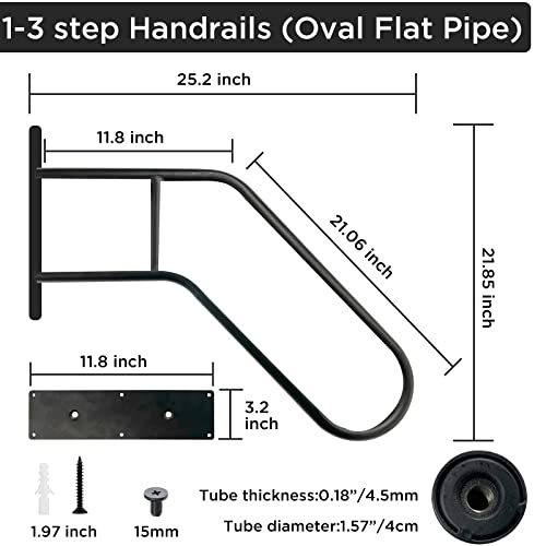 Kweetle Handrails For Outdoor Steps, 25.2" L Wall Mount Handrail For Steps With Polished Black Finished, Outdoor Stair Railing For Garage, Porch, Garden, Yard(1.25" Diameter Pipe, Oval Flat Pipe) #TOP1