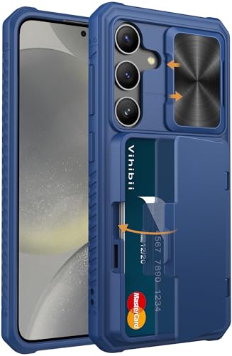 Image of Vihibii PC For Samsung Galaxy S24 Back Cover With Card Holder (4 Cards) & Slide Camera Cover & Kickstand, Hard Case For Galaxy S24 5G 6.2 inch 2024, Blue