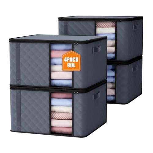Auveir 4 piezas de bolsa de almacenamiento de 90L, caja de almacenamiento con tapa, grandes cajas de mudanza para ropa, mantas, edredones, almacenamiento bajo la cama, armario.