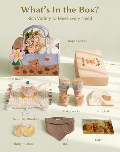 Image of Baby Shower Gift Basket - Baby Gift Set with Diaper Caddy, Gifts for New Mom, Gender Reveal Gifts, New Born Essential Include Security Blanket Hat Bib Socks Mittens, Boy & Girl