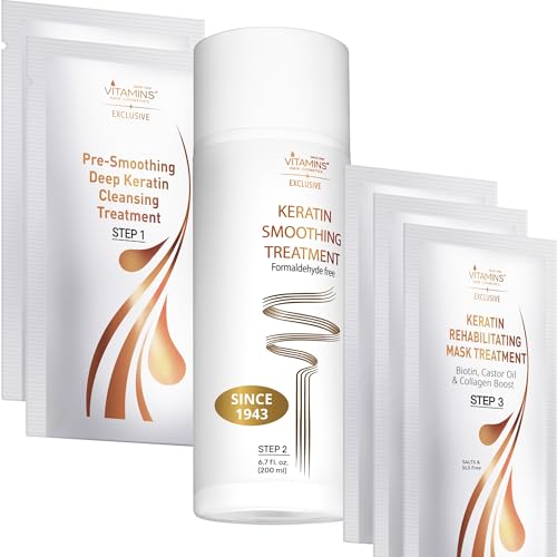 VITAMINS hair cosmetics Keratin Hair Treatment Straightening Kit - Hair Straightener Smoothing Set - Formaldehyde Free Product Complex - Tratamiento de Keratina para Alisar el Cabello sin Formol