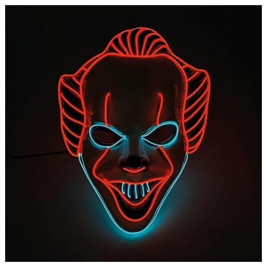Masque LED Clown® | Mask Néon en Plastique Rigide | 3 Modes de Clignotements | Pour Soirées Déguisées, Halloween, Cosplay, Carnaval | Déguisement Adulte Clown Tueur | OriginalCorner®