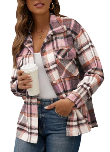 Rayson Camisa Mujer Largo Cuadros Invierno Elegante Franela con Botones Tartan Chaqueta Escoceses Sobrecamisa (Rosa, L)