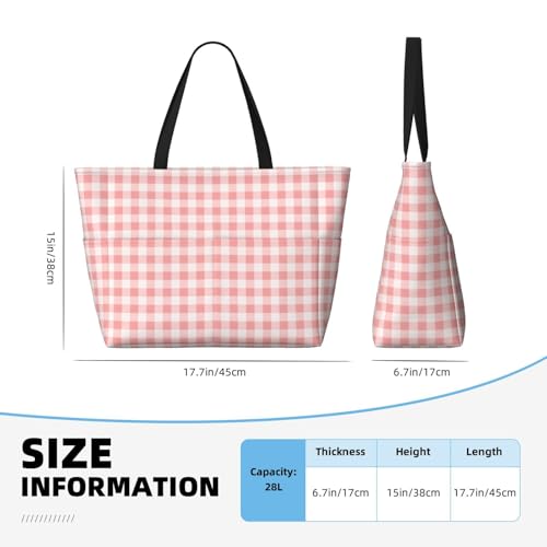 Large Beach Bags Water-resistant Sandproof - White Pink Plaid Cute Beach Tote Bags for Women with Zipper2