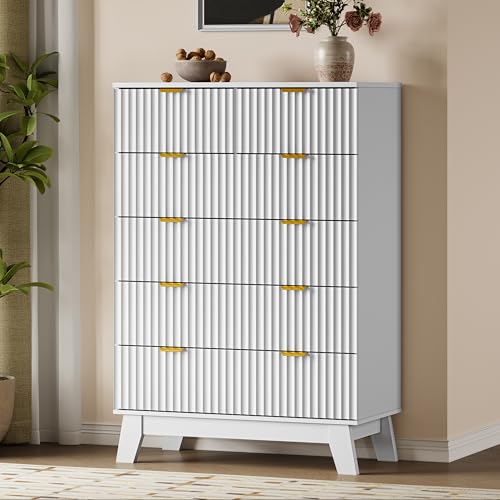 Image of BORNOON 46 inch Tall Dresser for Bedroom, 6-Drawer Fluted Chest of Drawers, Modern Wood Highboy with Deep Storage, Metal Slides and Handles, Anti-Tip Kit, Vertical Clothes Organizer for Apartment, Nursery