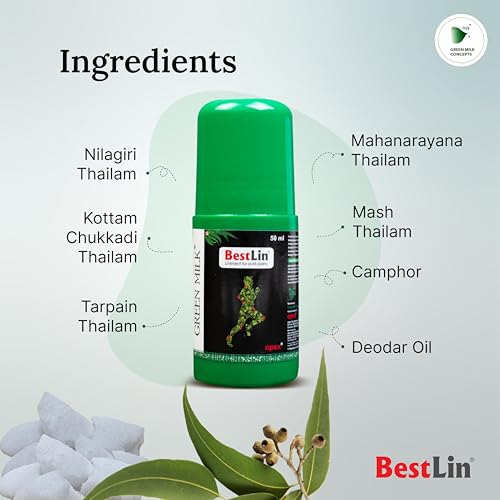 Image of Green Milk BestLin Ayurvedic Pain Relief Roll-On Liniment for Joint & Muscle Care, 50 ml (Pack of 2)