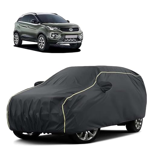 Image of Sulfar 100% Water Resistant Car Body Cover Compatible with Mirror for Tata Nexon (Triple Stitched, Full Bottom Elastic, Dark Grey Taffeta with Yellow Piping)