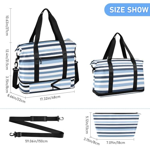 ALAZA Vintage Blue White Stripes Gym Bag Sports Duffel Bag with Shoes Compartment, Overnight Weekender Travel Tote Bag for Women Men Trip College3