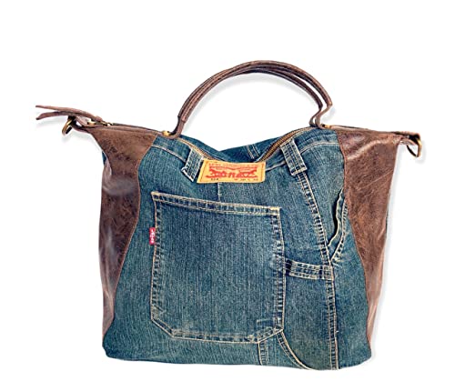 Sac en cuir véritable retourné daim et jeans LOUISIANA : cabas chic fabriqué en Italie