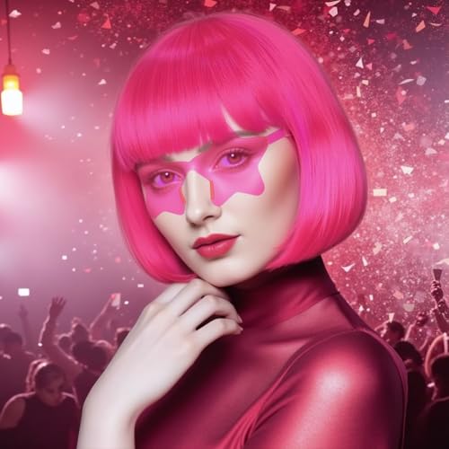 Image of ANOGOL Hot Pink Bob Wig with Bangs Pink Wigs for Women Colored Wigs Party | Hair Cap+Sunglasses Short Neon Wig for Bachelorette Party Funny Outfit for Women Halloween Costume Night Club Crazy Hair Day