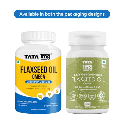 TATA 1mg Vegetarian Omega 3 Capsules 1000mg | Extra Virgin Cold Pressed Flaxseed Oil supplement with Omega 3, 6 & 9 | Veg Omega 3 capsules for healthy heart, brain & gut | Plant based | Pack of 60