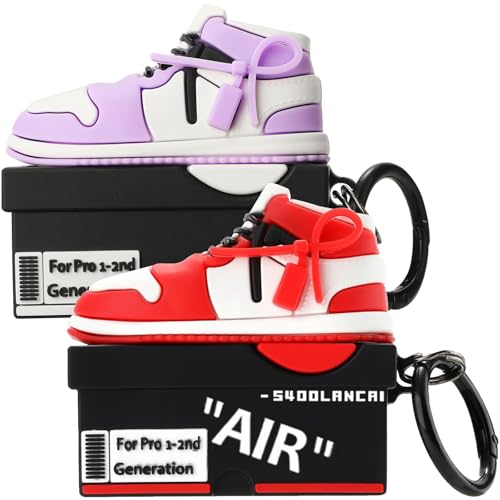 Image of [2Pack] Gedicht for Apple Airpods Pro Case Cover, Cute Cartoon Shoe Box Soft Silicone Protective Cases for AirPods Pro 1st Generation Case with Keychain for Women Men, Red+Purple
