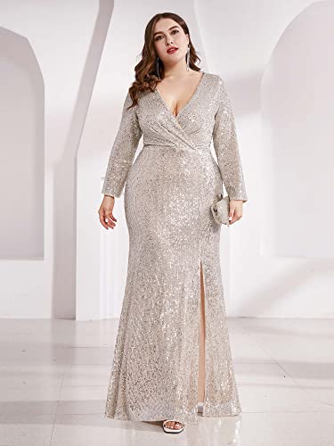 Ever-Pretty Women's Plus Size Long Sleeve Slit Sequin Maxi Evening Dresses 0824-PZUSA3