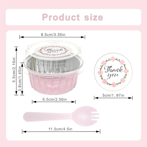 100 PCS Aluminium Foil Baking Cups, Mini Cake Pans with Lids and 100 PCS Spoons, 5 oz Disposable Baking Cups Foil Ramekins For Party Birthday Wedding Valentines (Pink)