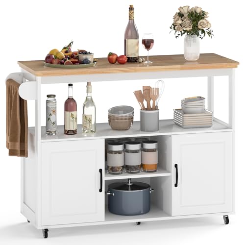 Giantex Kitchen Island on Wheels, Mobile Kitchen Table with Rubber Wood Top, Open Shelves, 2 Cabinets and Towel Rack, Rolling Cart with Storage for Dining Room, White