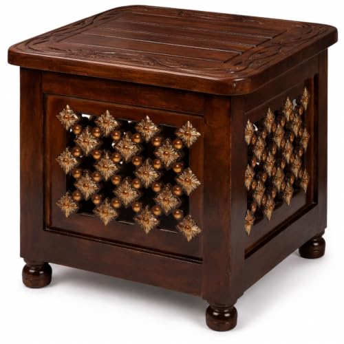 Image of Wooden Storage Stool with Lid | Handcrafted Multipurpose Stool for Sitting, Side Table & Storage | Solid Wood Square Ottoman for Living Room & Bedroom (Modern)