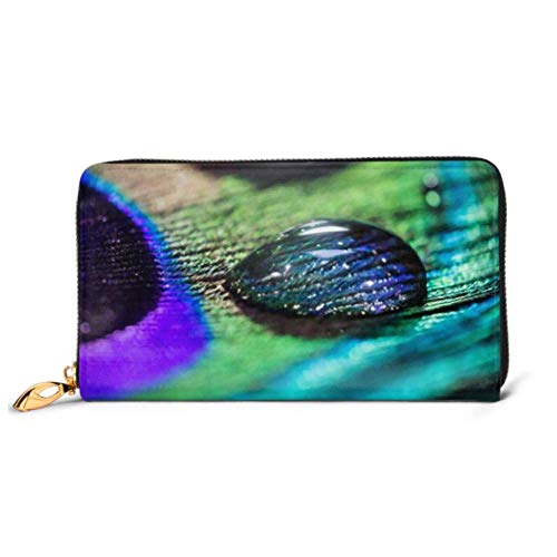 Preisvergleich Produktbild JHGFG Mode Handtasche Reißverschluss Brieftasche Wassertropfen auf Pfauenfeder Konzept Telefon Kupplung Geldbörse Abendkupplung Blockieren Leder Brieftasche Multi Card Organizer