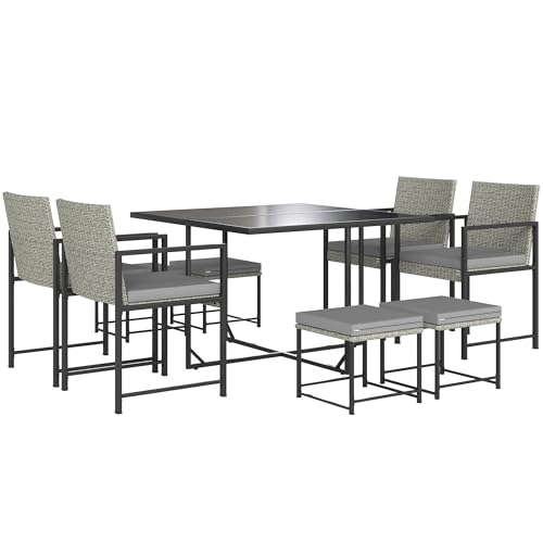 Outsunny Salon de Jardin extérieur en résine tressée 8 Places, Table et chaises de Jardin extérieur, 4 fauteuils, 4 tabourets, Coussins, Plateau en Verre...