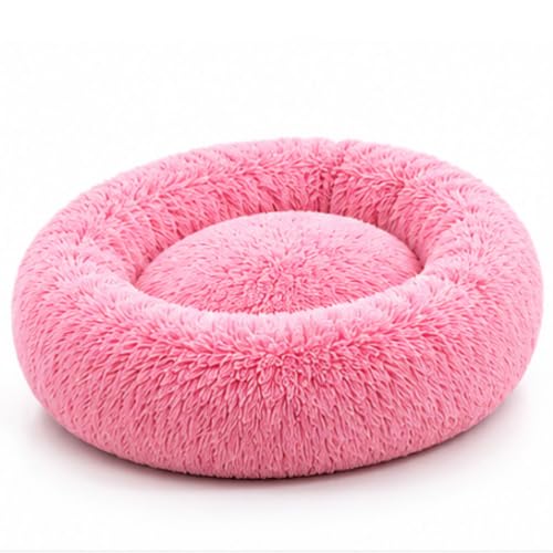 Image of Calming Pet Bed for Dogs & Cats, Round Donut Dog Bed, Soft Faux Fur Plush Cushion, Supportive Bolster Edges, Reversible Dual-Side Comfort, Washable Pet Sleeping Bed, Pink, M