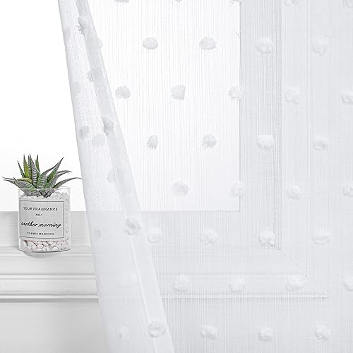 Image of MYSKY HOME White Pom Pom Sheer Curtains for Girls Bedroom 54 Inch 2 Panels | Small Window Curtain, for Bathroom Cafe Bedroom Nursery Boys Room, Light Filtering, Rod Pocket Drapes, 50 x 54 inch