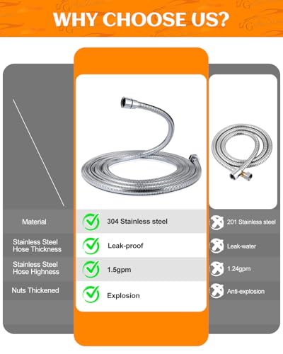 Gallop Domain Shower Hose Extension 118'', Extra Long 304 Stainless Steel 10 Ft Handheld Shower Hose Attachment - Encrypted Anti-Tangle Flexible Chrome Connection Fit G 1/2" x G 1/2"