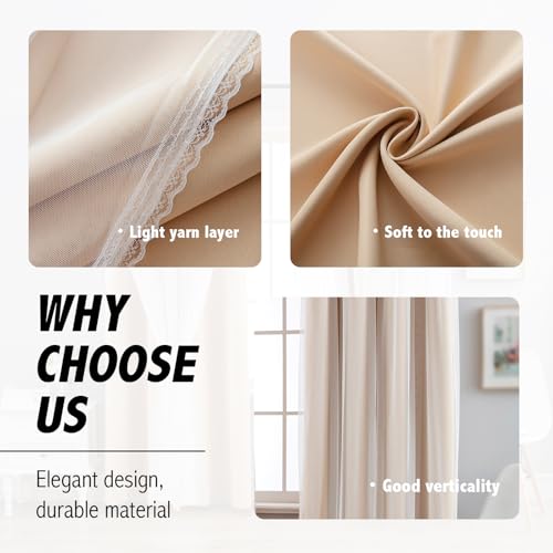 Image of Anytime Double Layer Blackout Curtains 2 Panels,52Wx120L,Beige | Sheer And Fabric Window Drapes Grommet Top Solid Color Bedroom Living Room Home Decor