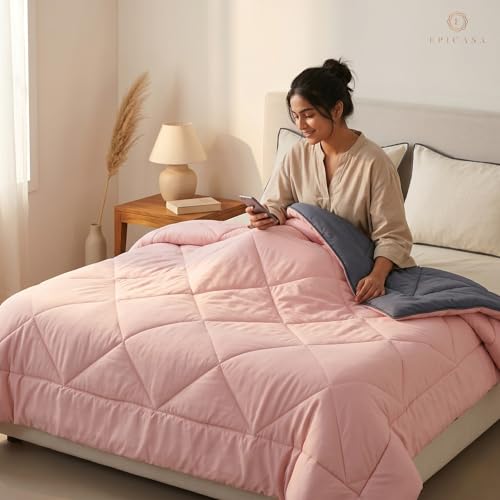 Image of Epicasa Reversible Comforter | 200 GSM Thermal Bonded Fill | 110 GSM Micro Peach Fabric | All Season AC Quilt | Diamond Quilted | Lightweight Duvet Blanket for Home Bedroom | Dark Grey & Blush Pink