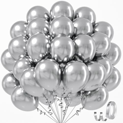 Image of Metallic Silver Balloons 12 inch, Silver Latex 50pcs Party Balloons | Graduation, Wedding, Baby Shower, Birthday Party Decorations