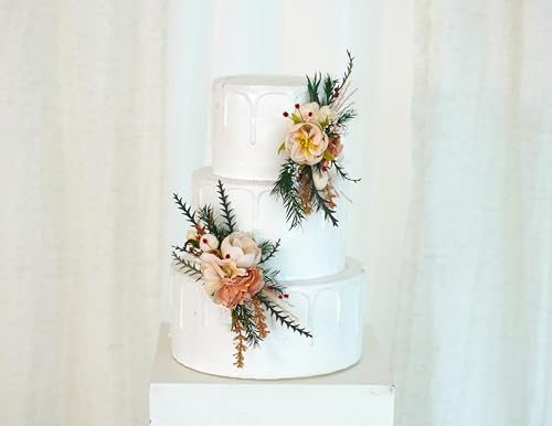 Set de dos toppers para pastel de boda con flores artificiales miniatura 4