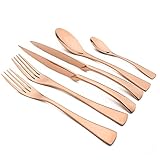 Snplowum 24-Piece Copper Flatware, Mirror 18/10 Stainless Steel Modern & Luxury Dinnerware Set With Serrated Steak Knife Teaspoon For Daily Use or Dinner Party Restaurant - Service For 4