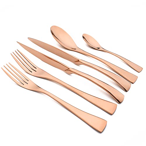 Snplowum 24-Piece Copper Flatware, Mirror 18/10 Stainless Steel Modern & Luxury Dinnerware Set With Serrated Steak Knife Teaspoon For Daily Use or Dinner Party Restaurant - Service For 4
