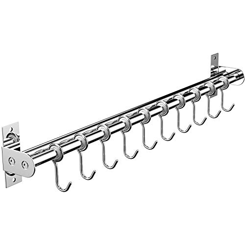 HanDingSM Hängende Topfleiste, Wandhalterung, Deckelhalter, Küchenhaken, 10 Haken mit Messerhalter und Topfdeckelablage, Edelstahl-Doppelrohr, 60 cm, poliertes Finish