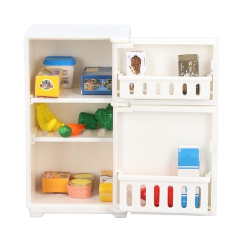Nevera de plástico en miniatura para casa de muñecas con 15 alimentos de juguete, color a escala 1:18, accesorios de decoración para casas de muñecas