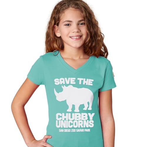 San Diego Zoo Save The Chubby Unicorns Girls' V-Neck Tee, Ocean Teal with Rhino Design, Youth Slim-Fit T-Shirt2