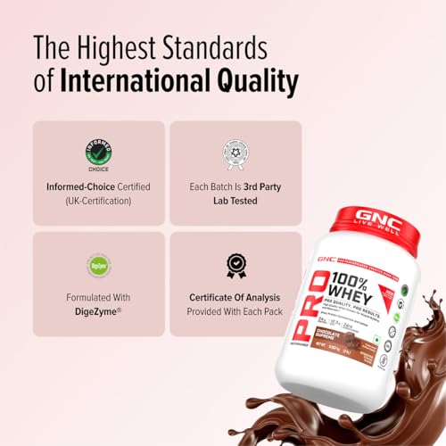Image of GNC Pro Performance 100% Whey Protein | New Formulation | 24g Protein, 5.7g BCAAs, 12.3g EAAs | Added DigeZyme | Whey Isolate & Concentrate Blend, Low Carb (4.51g), No Added Sugar |Chocolate Fudge ,907g