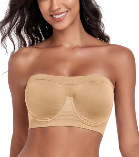 Curyon Women‘s Underwire Strapless Multiway Bra Bandeau Seamless Supportive Bras Non Padded Top S Beige