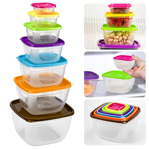 KYYGKY Recipientes de Plástico para Alimentos, 14 PCS (7 Recipientes y 7 Tapas) Contenedores Herméticos de Alimentos sin BPA, Envases de Plástico para Alimentos para Congelador y Microondas