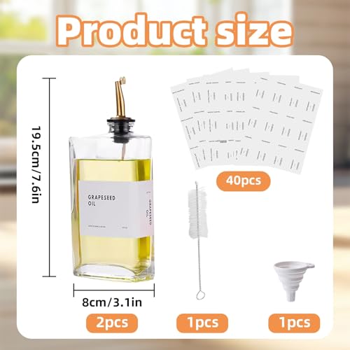DYUEE 350ml Olive Oil Dispenser Bottle Set for Kitchen, 2 PCS Dispenser Glass Automatic Pourer, Oil and Vinegar Dispenser Bottle Set with Weighted Pourer and Waterproof Label&Silicone Funnel, Gold