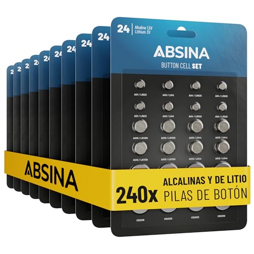 ABSINA Pack de 240 Pilas botón Alcalinas & Litio - 20x AG1 LR621, AG3 LR41, CR2016, CR2025 / 40x AG4 LR66, AG10 LR1130, AG13 LR44, CR2032 - Pila 1,5V & 3V - Baterías de botón