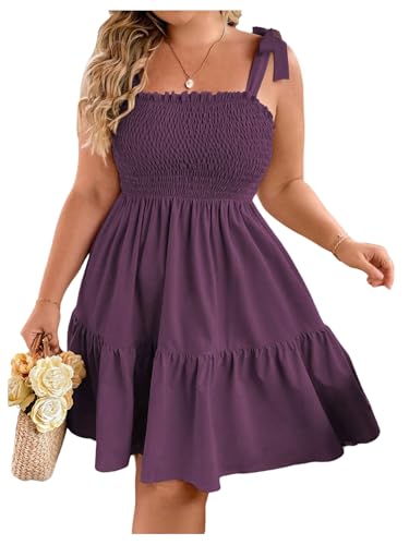 Image of Floerns Women's Plus Size Summer Knot Tie Shoulder Ruffle Straps Flounce Flowy Smocked Sundress Shorts Dress