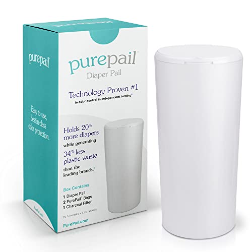 Image of PurePail Classic Diaper Pail — White — Best in Odor Control with No Added Fragrance — Larger Capacity Holds 20% More Diapers — Greener Solution Generates 34% Less Waste — Cost Effective — No Canisters