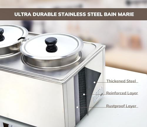 Image of SYBO Food Warmer Steam Table Easy to Clean Commercial Grade Stainless Steel Bain Marie Buffet for Catering and Restaurants ETL, CE ROHS Certified for Commercial, Safety (2 Round Pots with Tap)