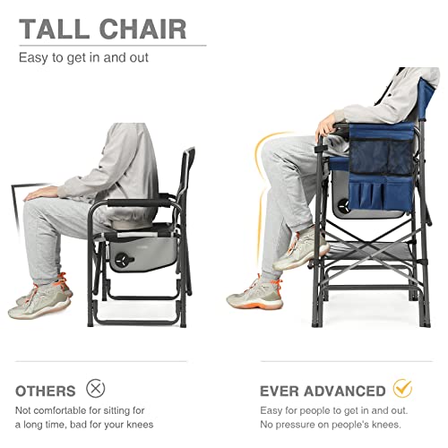 Ever Advanced Tall Folding Chair 30.7" Seat Height Directors Chair High Foldable Bar Stool For Makeup Artist Face Painting With Side Table Cup Holder And Storage Pocket Supports 350Lbs (Blue/Grey) #TOP4