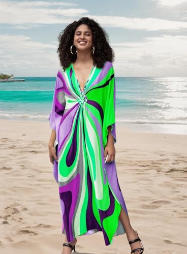 Image of Yanziliu Kaftan Dress for Women,Plus Size Hawaiian Batwing Sleeve Beach Cover Up Summer Swimsuit Dresses