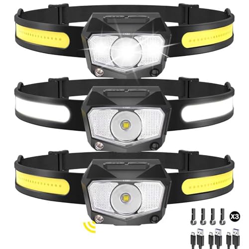 Headlamp Rechargeable 3Pack, 230°Wide Beam COB & 60° Super Birght LED Head Lamp with White Red Light, 7Mode Head Lights for Forehead with Motion Sensor, Headlamps for Adults Camping Running Hiking
