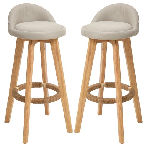 Warmiehomy Bar Stools Set of 2 with Back & Footrest, 360° Swivel Counter Height Stools, Rubber Wood Legs & Linen Fabric Seat Kitchen Island, Breakfast Bar, Home Office,Dining Room White