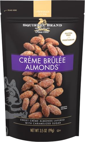 Image of Squirrel Brand Creme Brulee Almonds, 3.5 oz Gourmet Roasted Almonds with Caramelized Sugar, Gluten Free, Vegetarian, Resealable Snack Bag (Pack of 6)
