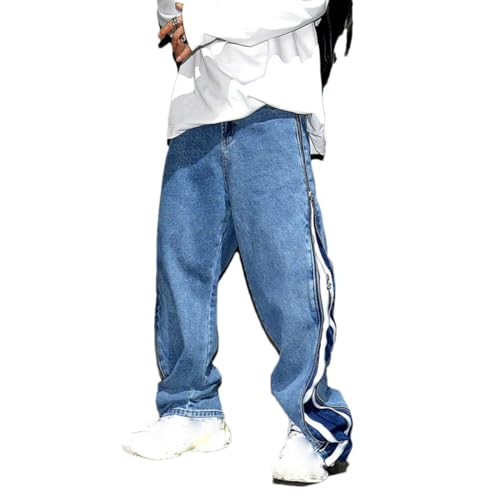 Men’S Streetwear Side Zipper Baggy Stacked Skateboard Denim Cargo Pants Slim Fit Button Fly Midweight Full Length Jeans - Main Image